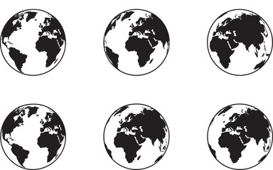 Silhouette Globe Icons Set – Earth and World Map in Black and White Vector Collection