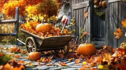 A rustic wooden wheelbarrow filled with autumn leaves and pumpkins sits beside an old barn door, surrounded by vibrant fall foliage and scattered pumpkins.
