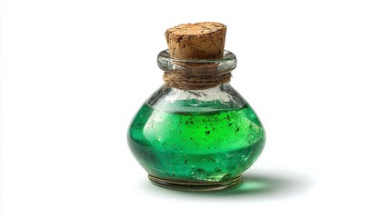 Glass vial with green liquid and cork stopper. A whimsical bottle holds a mysterious potion, hinting at fantasy and the power of alchemy.