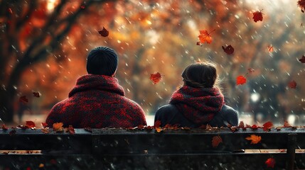 Two people sit closely on a bench wearing warm clothes, surrounded by falling autumn leaves in a rainy, cozy outdoor setting.