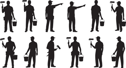 Silhouette Set of Painters Holding Paint Rollers and Buckets – Vector Painting Worker Icons © Ramjan