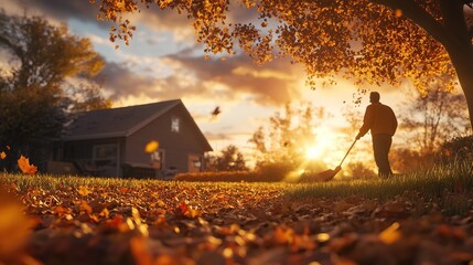 A person rakes autumn leaves in a backyard during sunset, with warm golden light filtering through trees and a house in the background.