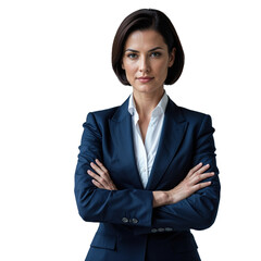 Confident serious businesswoman in a navy suit standing with arms crossed looking at camera, isolated transparent background.