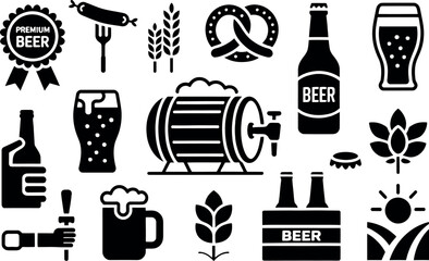 Collection of black beer icons including a barrel mug bottles hops pretzel and sausage