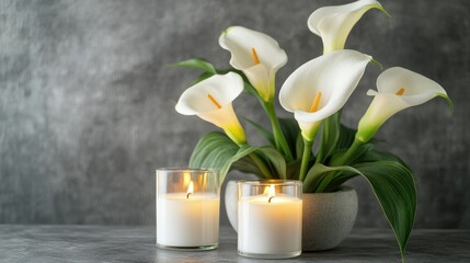 White calla lilies and candles on a gray surface.