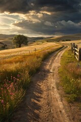 Fototapeta premium A winding dirt road cutting through golden wheat fields lined with colorful wildflowers, under a dramatic cloudy sky with sunbeams breaking through. A rustic wooden fence runs along the road.