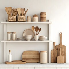 Neatly arranged kitchen utensils, wooden cutting boards, and bowls on a white shelf.