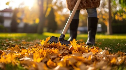Person wearing boots rakes bright autumn leaves in a sunlit garden or park during fall.