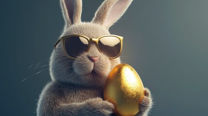 Cool bunny rabbit wearing sunglasses holding a large golden egg.