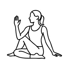 Line art of woman performing seated yoga twist for spine flexibility