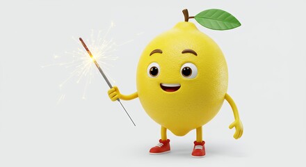Cartoon lemon character holding sparkler
