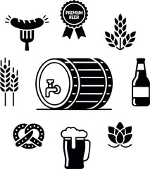 Collection of black beer and food icons arranged in a circle on a white background
