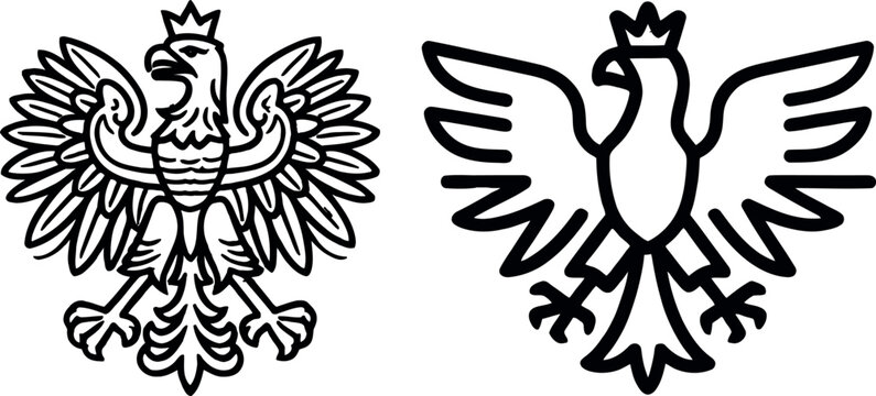 Two stylized black and white eagle emblems with crowns on white background