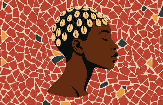 Afrofuturist portrait of a woman with cowrie shell hairstyle and closed eyes, surrounded by organic mosaic in red tones