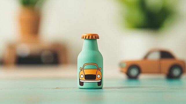 Teal Bottle with Car Graphic and Blurred Car Toy
