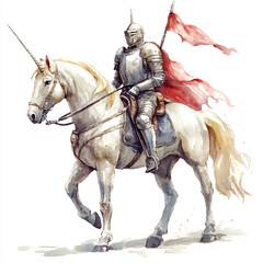 Knight in shining armor riding a unicorn with a red flag watercolor