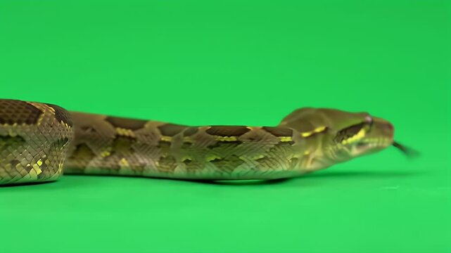 Detailed close-up of a patterned snake's head and body, flicking its tongue while crawling on a vibrant green background.