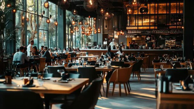 Modern restaurant interior with elegant decor and lively dining atmosphere during evening hours