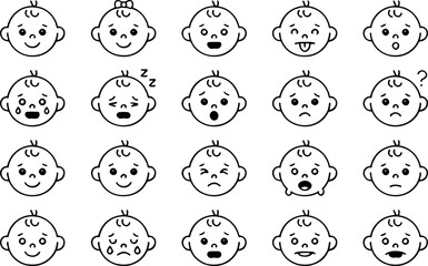 Collection of cute baby faces expressing various emotions in simple line art style