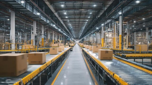 Inside a sprawling distribution center, automated conveyor systems transport packages efficiently through the expansive space. Workers ensure everything runs smoothly, enhancing productivity.