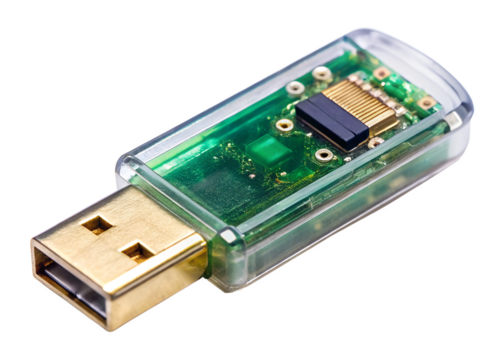 A transparent usb flash drive revealing its internal circuit board, isolated on white isolated on transparent background