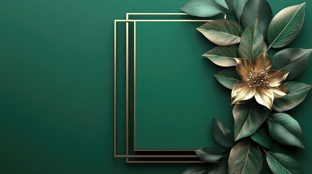 Emerald green backdrop framed by gold accents and foliage.