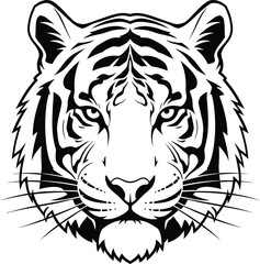 A striking tiger face with bold stripes, capturing the intensity and power of this wild predator, isolated on white background