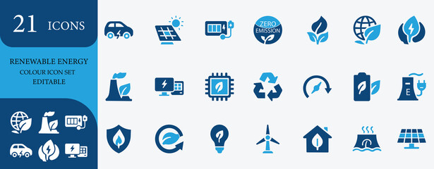 Clean and modern renewable energy icon set featuring solar energy, electric car, green energy, eco-friendly power, zero emission, wind, battery, and sustainable energy solutions