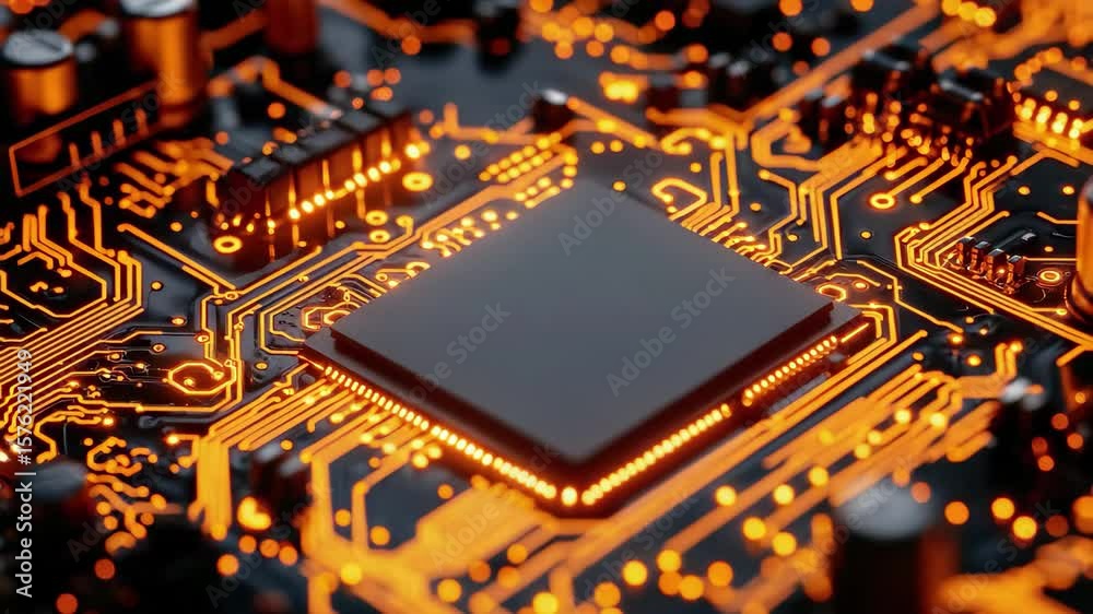 Poster close-up view of a microchip with glowing circuitry and intricate components in a dark environment