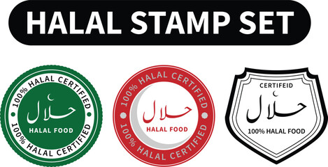 Obraz premium Halal Stamp Vector Set – Certified Labels and Islamic Approval Badges Design