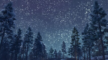 Starry Sky Over Pine Tree Forest