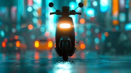 Modern scooter illuminated at night with bokeh city lights background