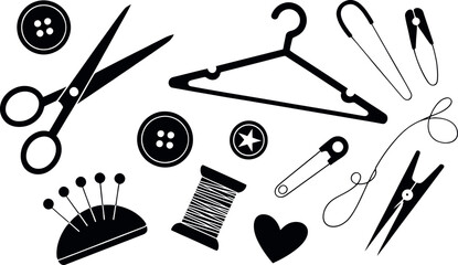 Collection of black sewing and tailoring icons on a white background