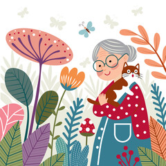 cute grandma walks with cat in summer on meadow with flowers.vector illustration