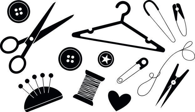 Collection of black sewing and tailoring icons on a white background