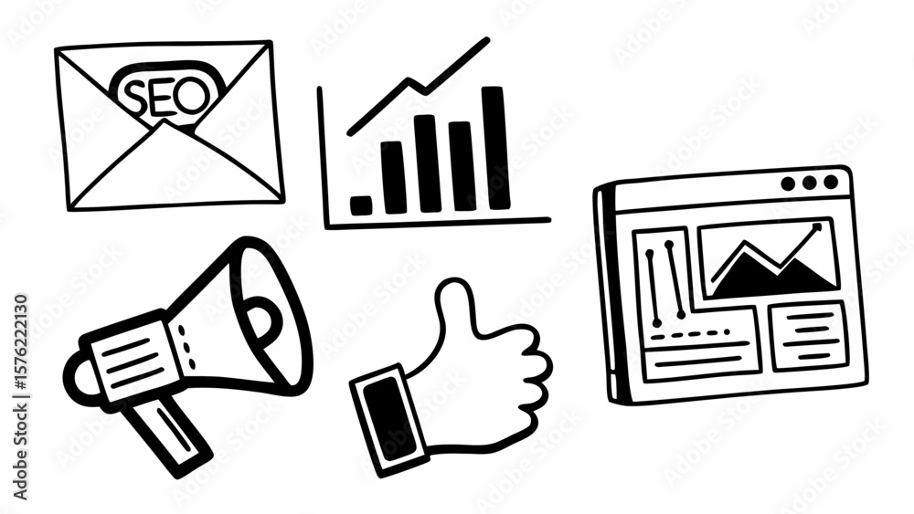Poster hand drawn seo elements including envelope graph megaphone thumbs up and website interface icon set 