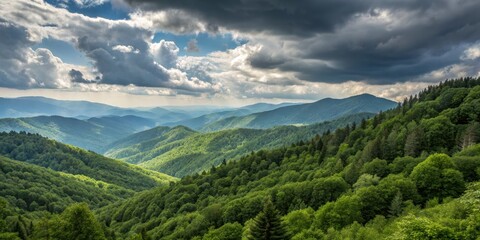 Naklejka premium Green Mountains Under Dramatic Sky Scenic Forest Vista, Landscape ,Nature