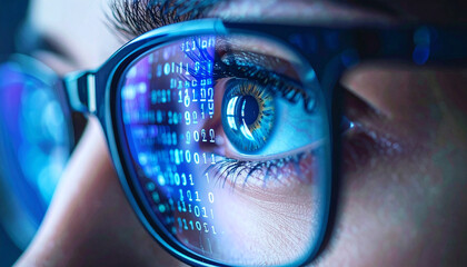 Eyes of a Coder: Close-up shot of a person's eye, with code reflecting in their glasses, symbolizing the intense focus and dedication of programmers.