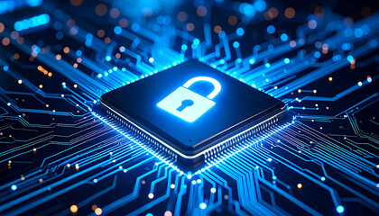 Digital Security Shield: A luminous padlock symbolizes digital security on a motherboard, suggesting data protection and cybersecurity in a technological environment.
