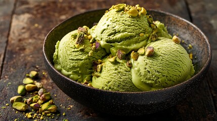 Obraz premium A bowl of vibrant green matcha ice cream topped with crushed pistachios