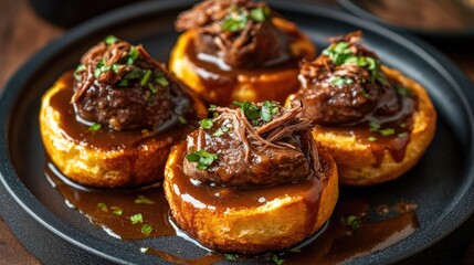 Mini Yorkshire puddings with shredded beef and gravy
