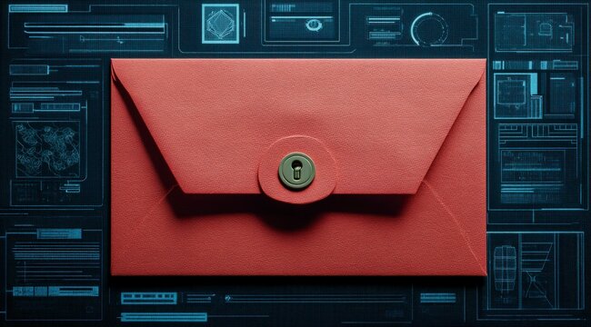 A red envelope with a lock on it is displayed on a blue background. Concept of secrecy and importance, as the envelope is likely to contain valuable or confidential information