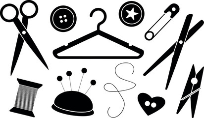 Collection of black sewing and crafting icons on a white background