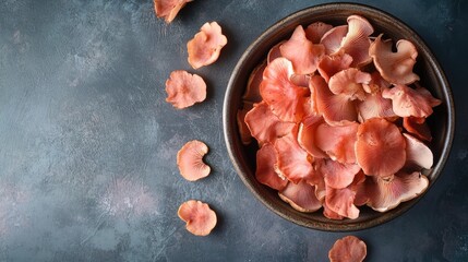 Chanterelle mushrooms are ready to cook in a bowl. Top view. Free space for text.