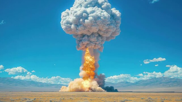 Mushroom cloud rises over desert landscape after explosion during military test exercises in open terrain