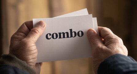 A hand holding two pieces of paper with the word COMBO written on them. Concept of importance and significance, as the person is holding the papers with care and attention