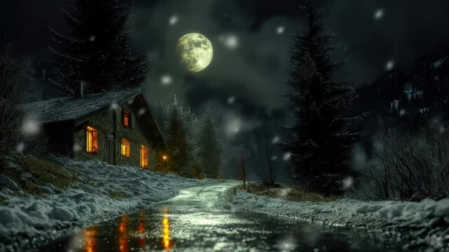 A stone cottage on a snowy hill at night with a full moon falling snow and a wet reflective path