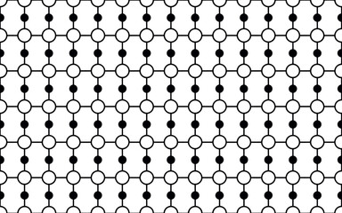 Geometric pattern of interconnected circles and dots in black and white