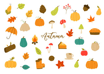 Autumn set, hand drawn elements, fall leaves, mushrooms pumpkins , and other. Perfect for web, card, poster, cover, tag, invitation, sticker kit. Vector illustration