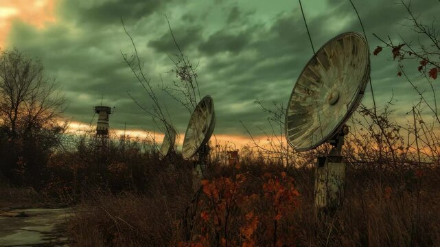 Abandoned location with large satellite dishes and overgrown vegetation at sunset